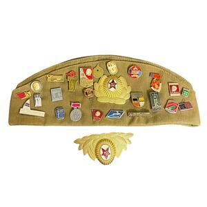 Vintage Russia USSR Cap with Assorted Military Pins Army 1983 Medals